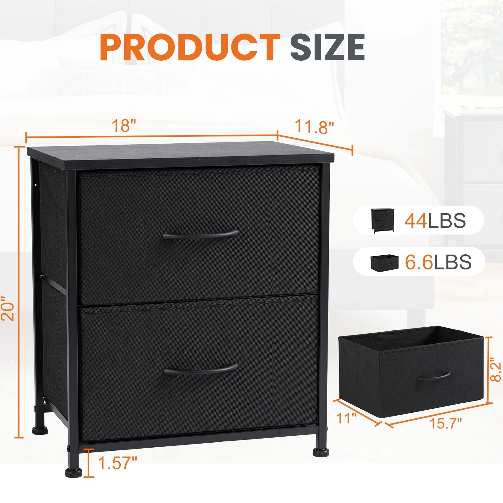Mesita de noche JHK, mesa auxiliar para sofá, mesa de té, armario de almacenamiento, cómoda, expositor de ropa para dormitorio, 2 cajones de tela, mueble de armario