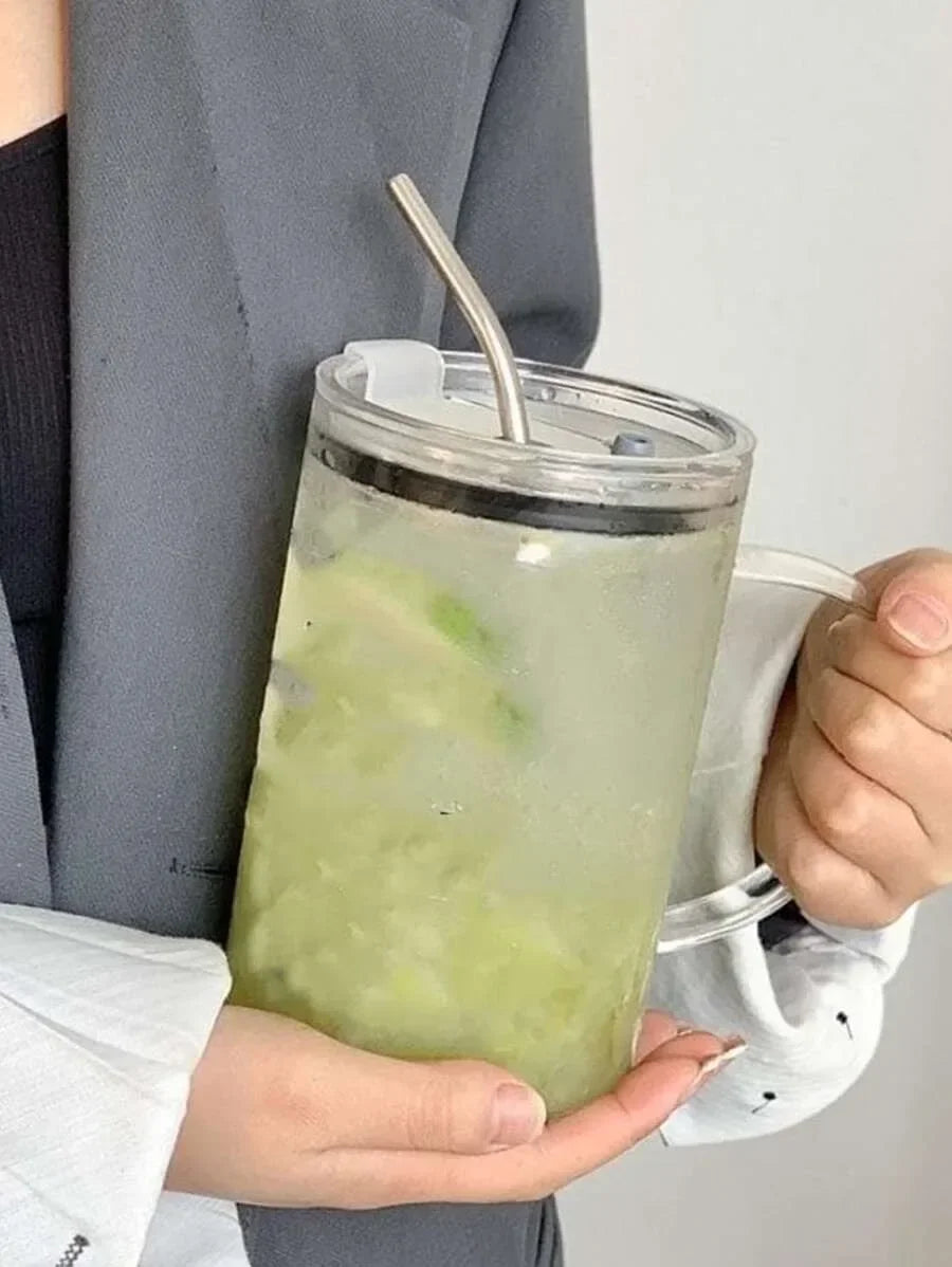 Vaso de vidrio de 1000 ml con tapa y pajita. Taza de café de vidrio transparente. Tazas para jugo, moca, leche y jugo.