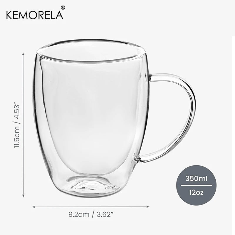 2/4/6 unidades Taza de café de vidrio de doble pared de 350 ml con asa Taza de capuchino de vidrio transparente Taza de café, té con leche, jugo y té