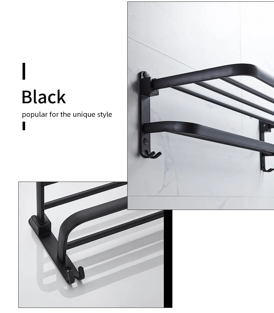 Toallero plegable de aluminio de 50 cm en negro mate con gancho para montaje en pared.