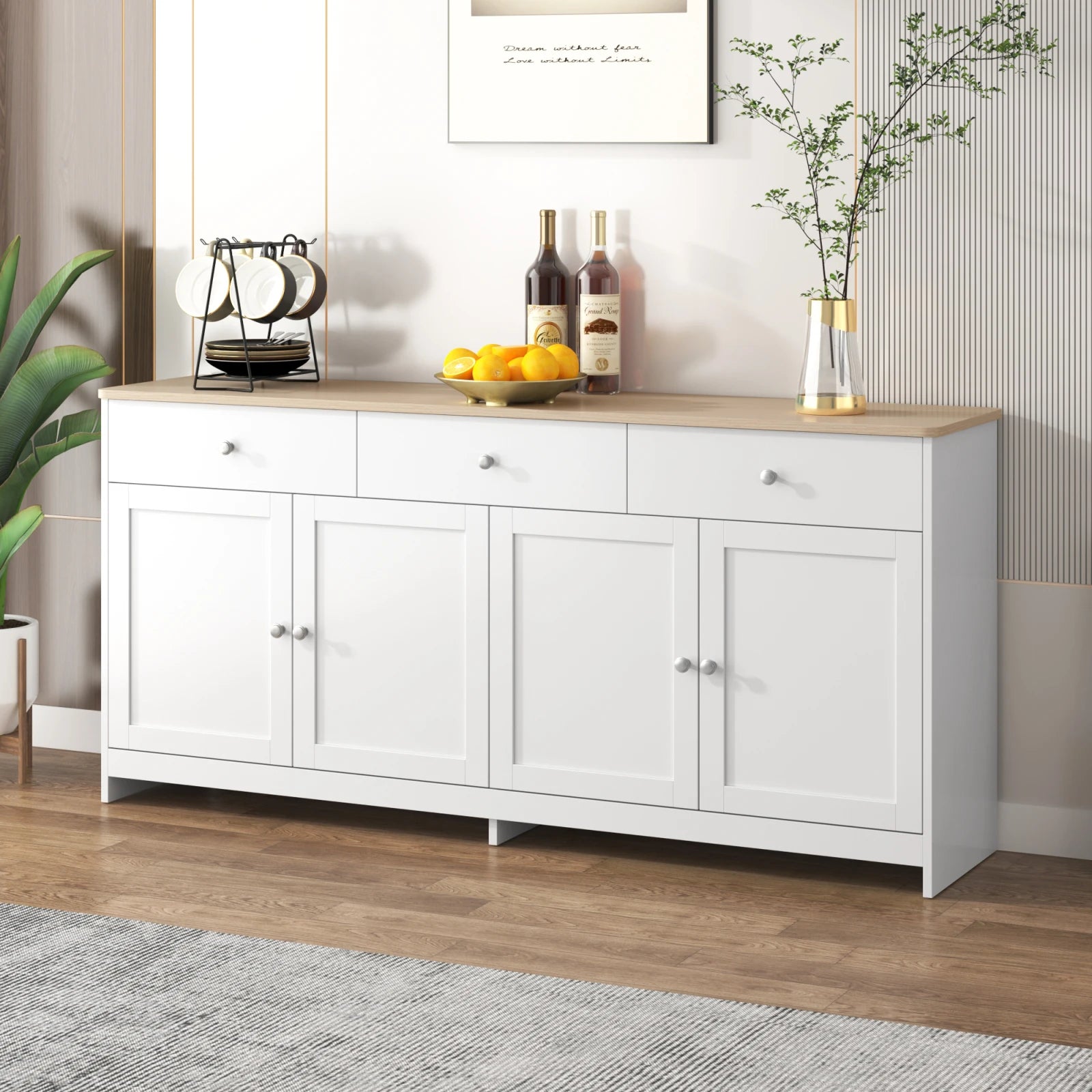 Comanlai Multi-Storage Sideboard Scandinavian Modern Buffet Cabinet 3 Drawers 4 Doors Storage Cabinet For Dining Living Room