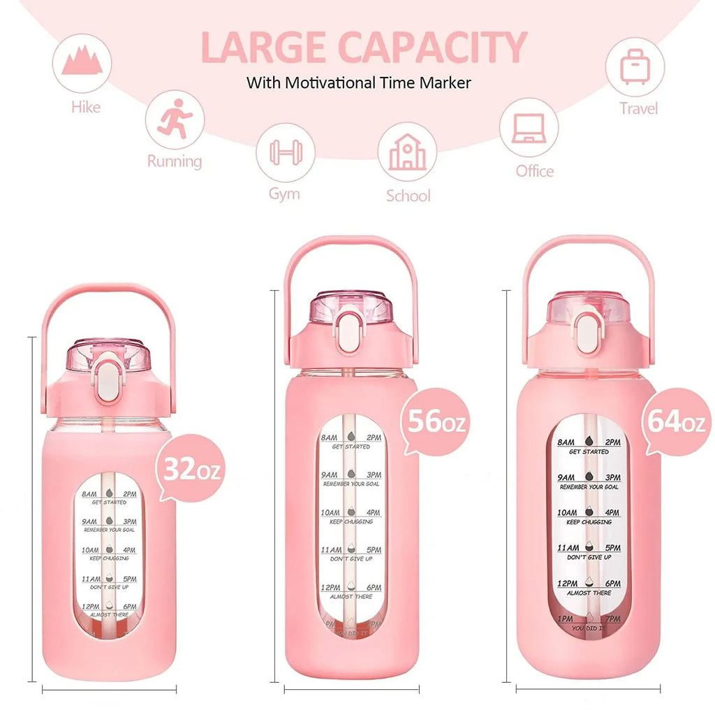 Botellas de agua de vidrio de 1000 ml con pajita, botella de vidrio con funda de silicona y marcador de tiempo, para gimnasio, camping, hogar y oficina.