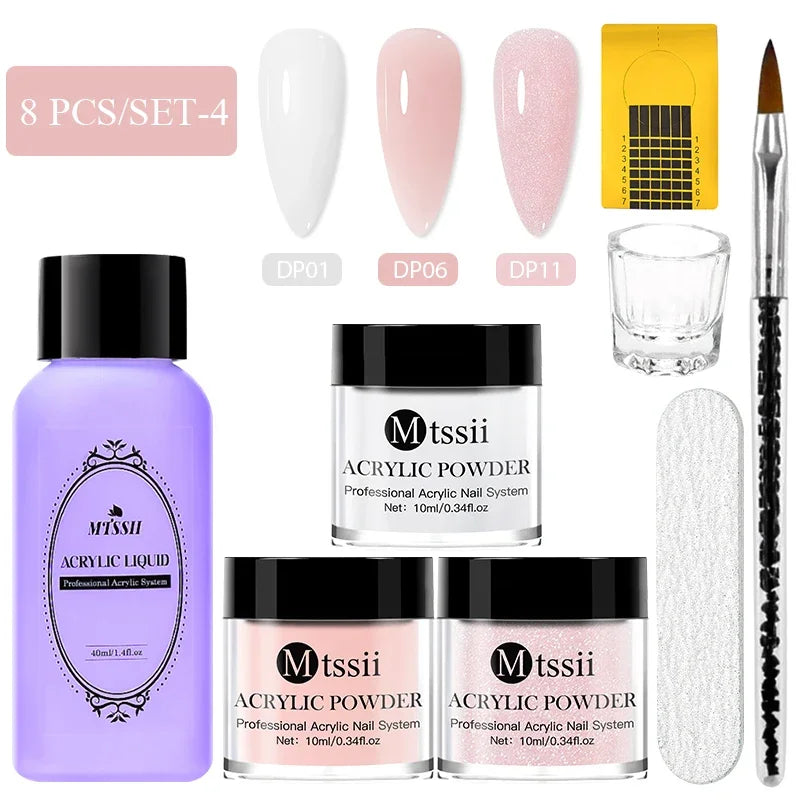 Juego de 8 piezas de sistema de uñas acrílicas en polvo MTSSII, color rosa nude transparente, monómero líquido con pincel para extensiones de uñas y tallado de flores.