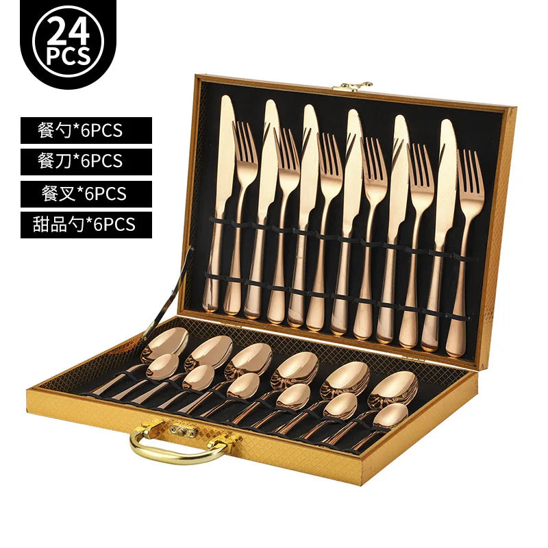 Juego de vajilla dorada de 24 piezas, lujo ligero, acero inoxidable, cubiertos, tenedor, cuchillo, cuchara, vajilla minimalista con caja de regalo.