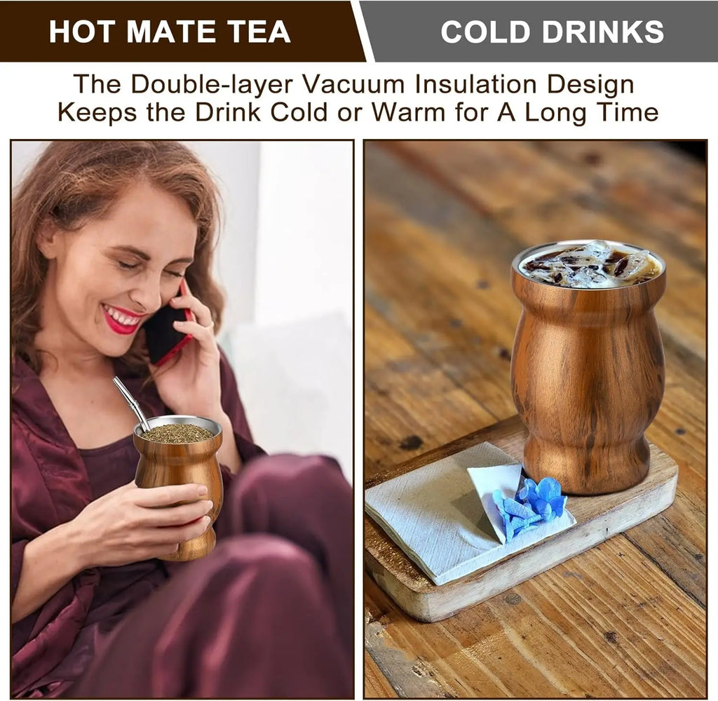 El set de mate incluye una taza de mate de acero inoxidable 18/8 de doble pared, una bombilla de mate (pajita) y un cepillo de limpieza (madera, 230 ml).