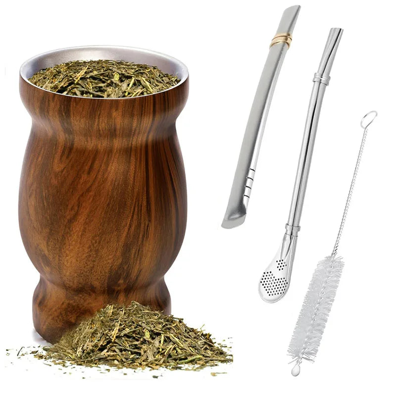 Mate de 8 oz, doble pared de acero inoxidable 304, taza con aislamiento térmico, 2 pajitas y cepillo de limpieza para bebidas.