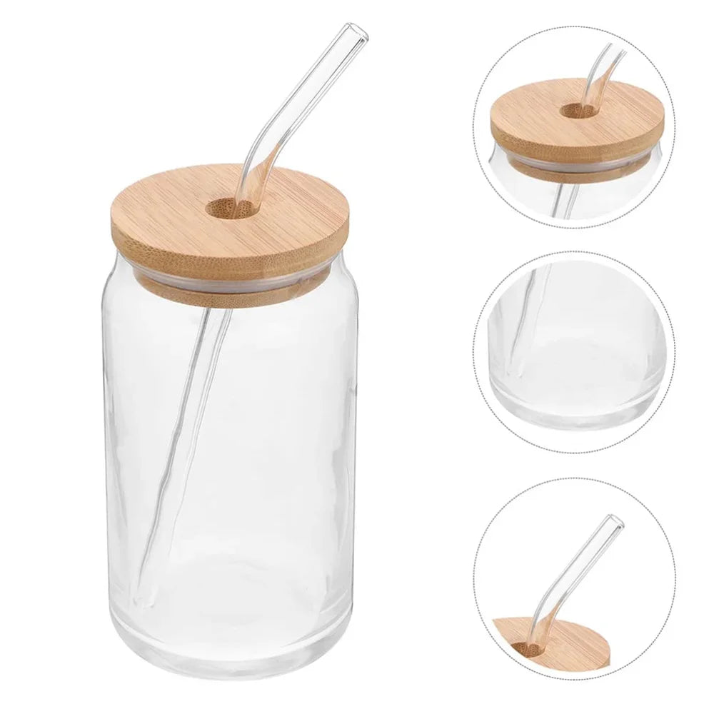 1 vaso de vidrio con tapa de bambú y pajita, 350 ml/550 ml, tarro Mason, taza de café con forma de lata de cerveza para cócteles, whisky, leche, zumo, cola.