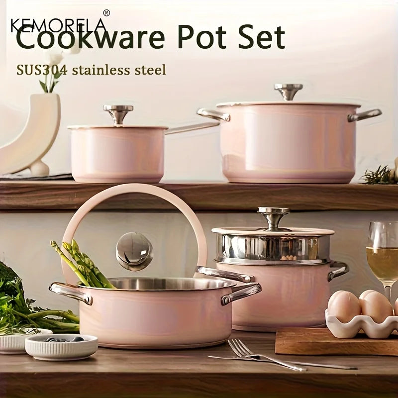 Juego de 9 piezas de utensilios de cocina rosas con revestimiento cerámico antiadherente. Sartén y cacerola aptas para inducción. Compatible con todo tipo de cocinas.
