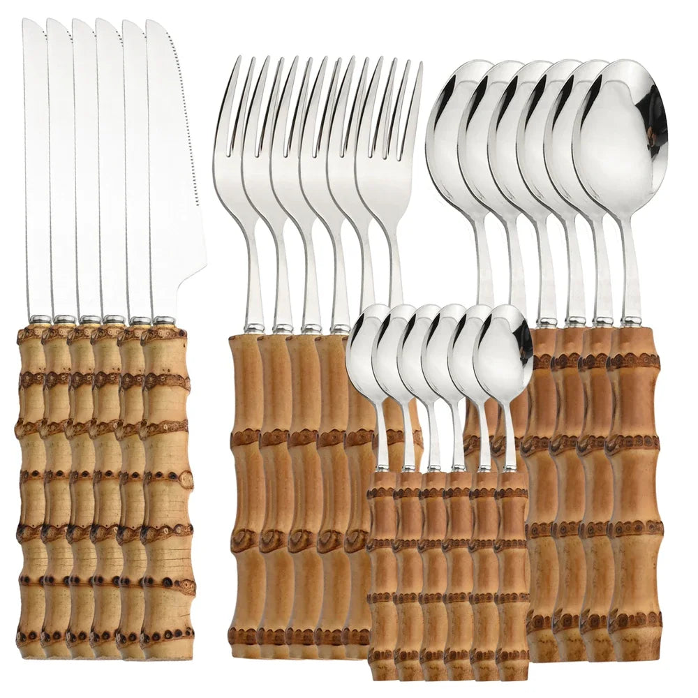 Juego de vajilla de bambú de 24 piezas, juego de cubiertos de bambú de acero inoxidable, juego de cubiertos con mango de madera natural, juego de cubiertos para carne, cuchillo para carne.