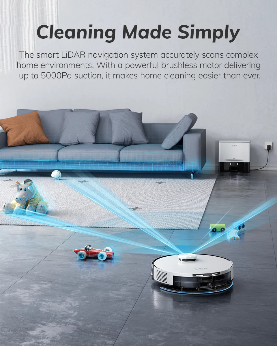 ILIFE A30 PRO, aspiradora y fregona robot con potencia de succión de 5000 Pa, vaciado automático, capacidad para 60 días, control por aplicación/mando a distancia, autonomía de 180 minutos.