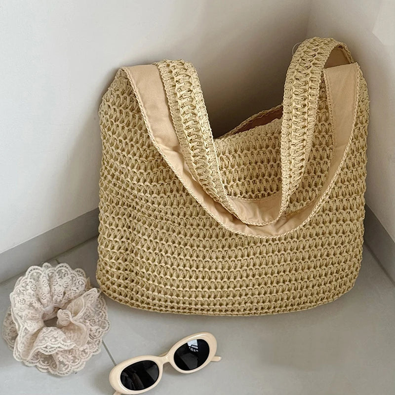 Bolsos de hombro de ratán para mujer, bolsos de mano tejidos para mujer, bolsos de paja de gran capacidad para la playa de verano, bolsos de mano informales.