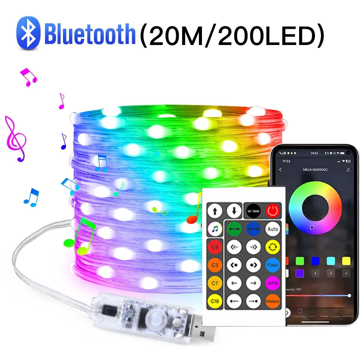 Guirnalda de luces LED Bluetooth WS2812B Dreamcolor RGBIC DIY para fiestas, festivales, árboles de Navidad, decoración de bodas, guirnalda, lámpara USB