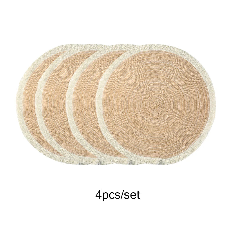 Juego de 4 manteles individuales redondos tejidos de poliéster, ecológicos, antideslizantes, con flecos, de gran venta y estilo moderno.