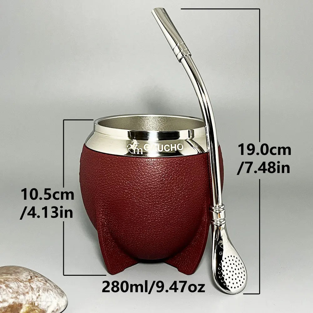 Kit de mate Gaucho con calabaza de acero inoxidable de 280 ml, aislamiento térmico, filtro extraíble, pajita, bombilla y cepillo de limpieza (venta al por mayor)