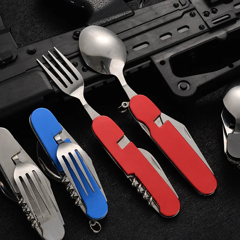 Juego de cucharas soperas 4 en 1: cuchara plegable, cuchillo, tenedor, abridor de botellas, acero inoxidable, kit de bolsillo plegable, vajilla para exteriores.
