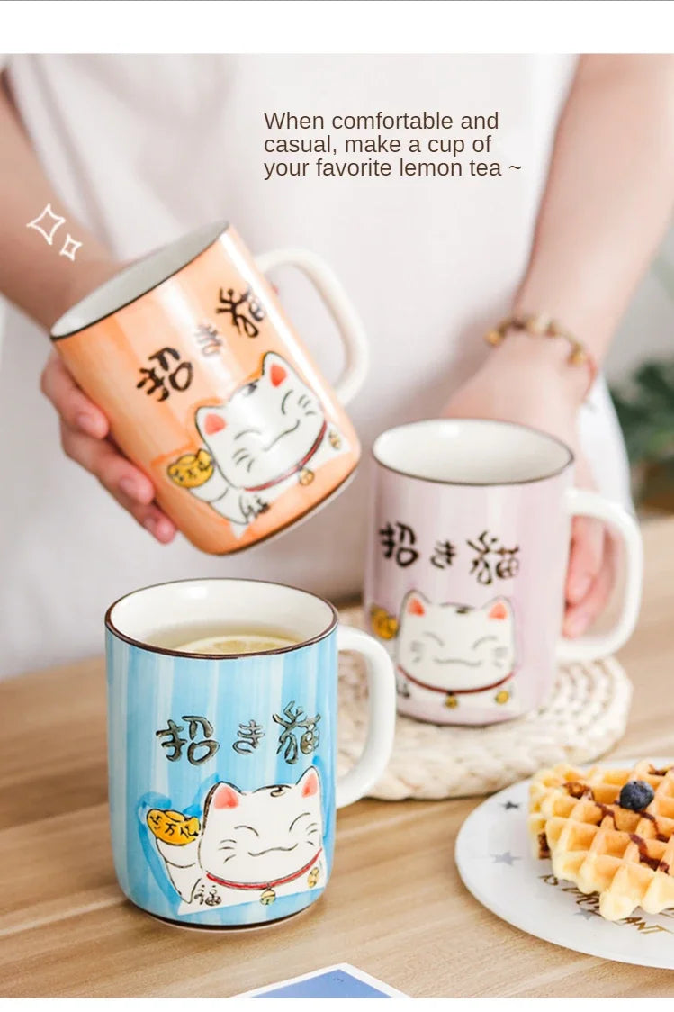 Taza de cerámica con diseño de gato de la suerte japonés, vaso de agua de alta capacidad para el hogar, la cocina y la oficina, ideal para café o té (400 ml).