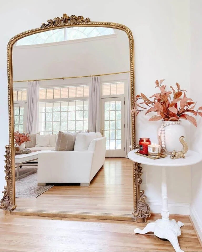 Espejo de pared con marco de arco de madera antiguo vintage, decoración artística, espejo Primrose, precioso espejo de pie con filigrana dorada para el hogar y la sala de estar.