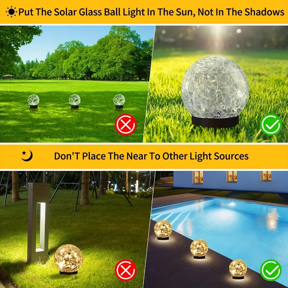 Globos solares de cristal agrietado - Luces esféricas impermeables para exteriores, ideales para la decoración de patios y jardines.