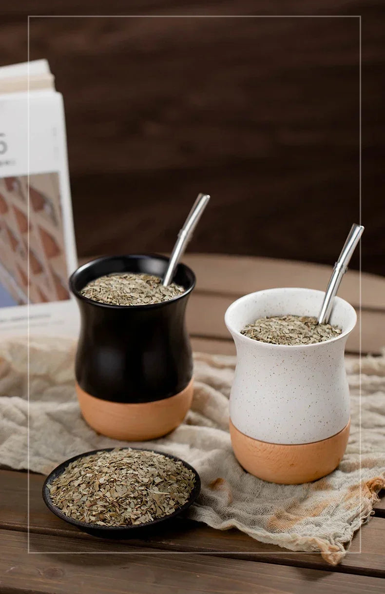 Mate   de acero inoxidable y cerámica con pajita 260 ml, cuchara y base de madera para leche, agua y té.