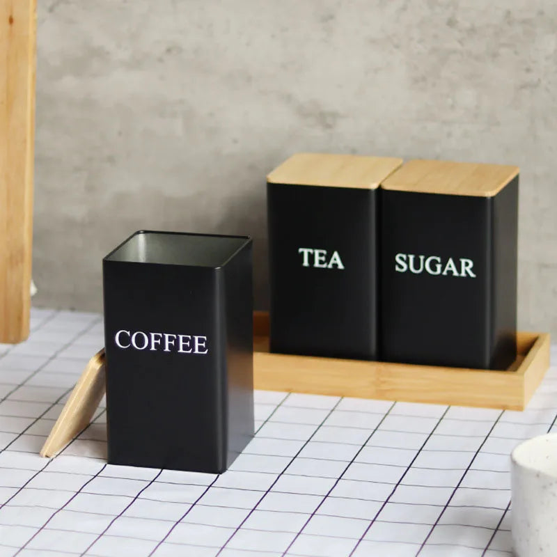 Recipiente para granos de café con tapa de bambú, estilo sencillo, tarros de metal para té, café y azúcar, lata de té, utensilios de cocina.