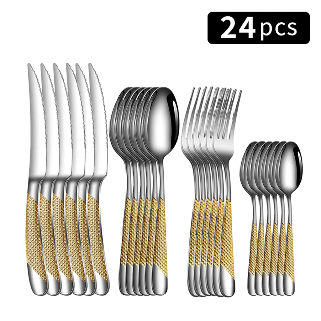 Juego de vajilla familiar de acero inoxidable de 24 piezas: cuchillo y tenedor para carne, tenedor de postre y cuchara.