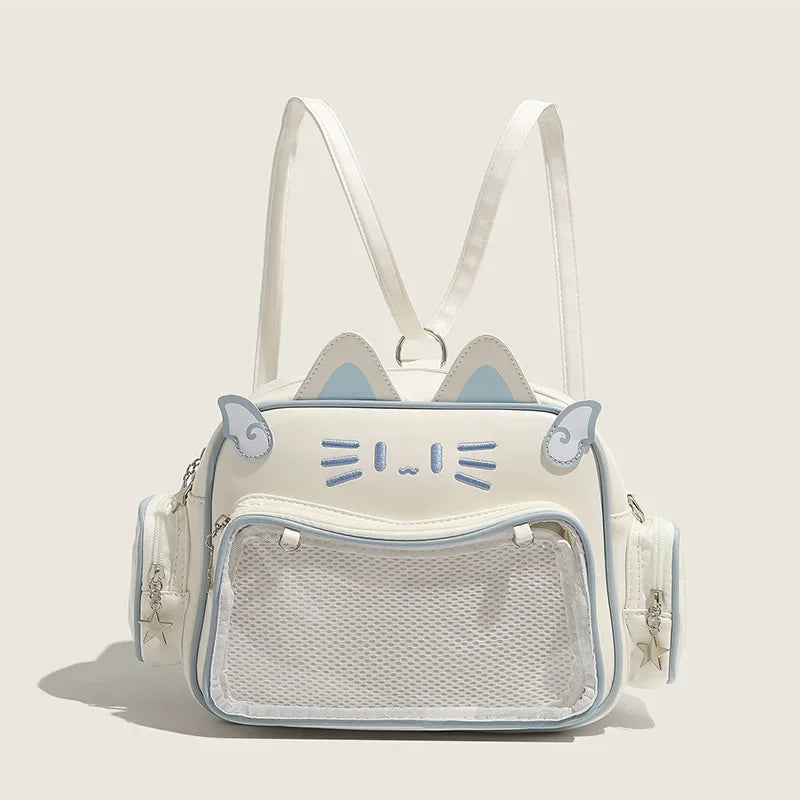 Mochilas de moda para mujer Y2K estilo coreano/japonés Kawaii con gato, bolso Ita de PU, lindas chicas, bolsillo transparente, estéticas, bolsos de hombro y bandolera