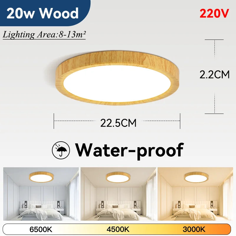 Lámpara de techo LED ultrafina de 2,2 cm, resistente al agua, 3 colores, con acabado de madera, para baño, dormitorio, sala de estar y hogar.