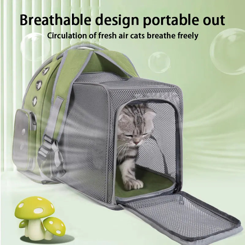 Mochila transportadora para mascotas espaciosa y expandible con correas dobles para los hombros y asa superior. Diseño apto para todas las estaciones para un viaje cómodo.