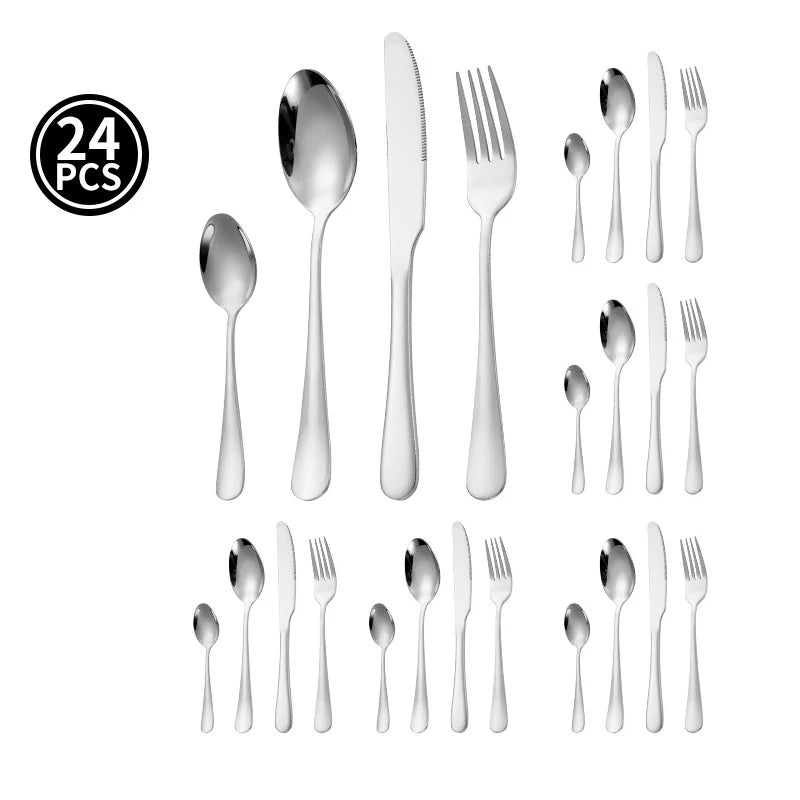 Juego de vajilla dorada de 24 piezas, lujo ligero, acero inoxidable, cubiertos, tenedor, cuchillo, cuchara, vajilla minimalista con caja de regalo.