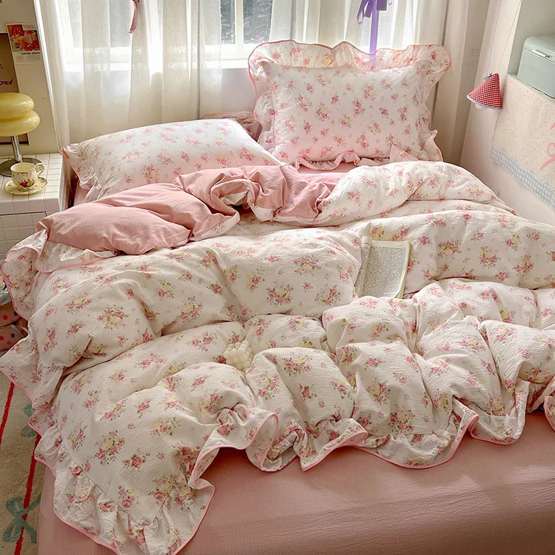 Juego de Ropa de Cama Ruffles Estilo Floral Funda de Edredón Funda de Almohada con Sábana Juego de Ropa de Cama Amigable con la Piel Ropa de Cama para Habitación de Niñas
