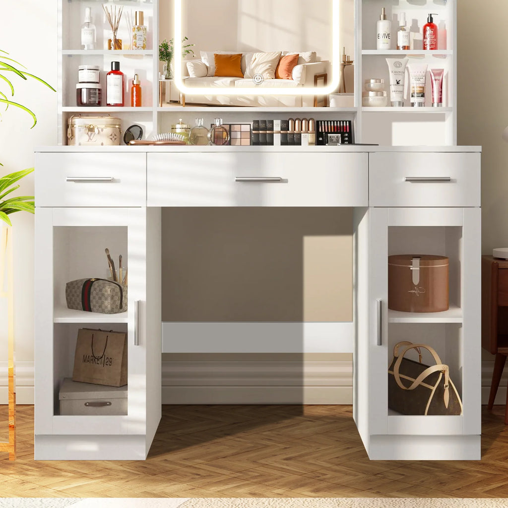 Tocador con espejo LED, 3 colores de luz y táctil, 3 cajones, 2 armarios, vitrina, estantes, taburete, blanco.