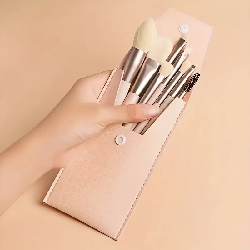 Set de 8 brochas de maquillaje, kit de viaje con neceser, mini brocha para sombras de ojos, base, polvos sueltos, colorete y brocha de precisión. Herramientas de belleza.