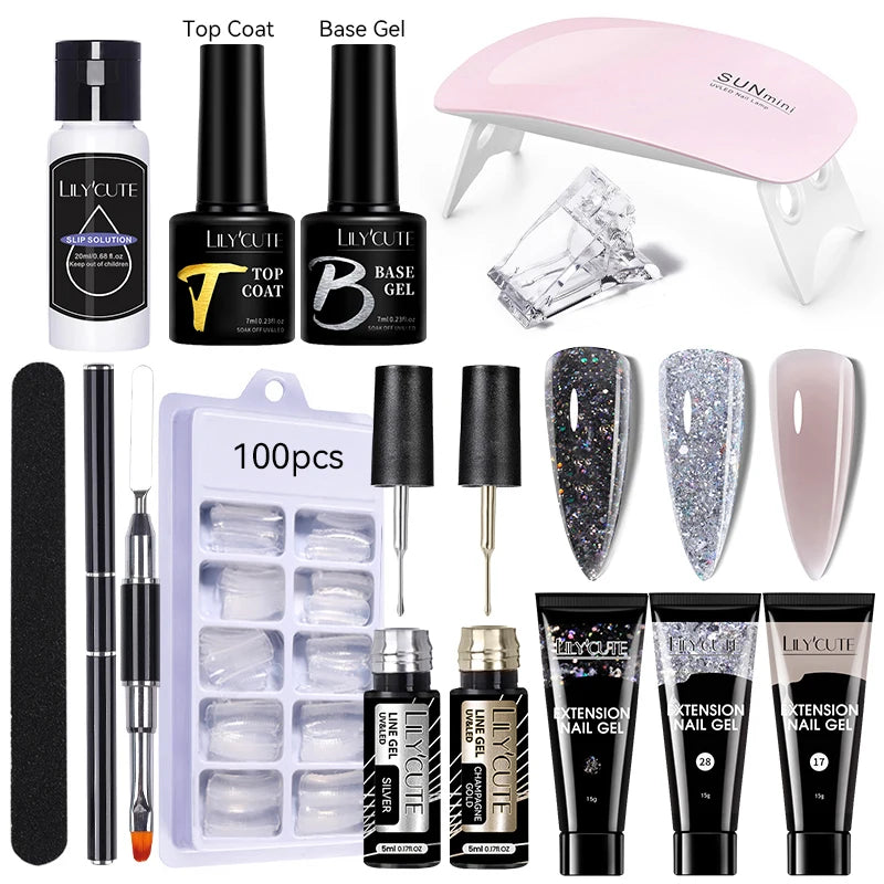 Kit de gel para extensión de uñas LILYCUTE de 15 ml, solución acrílica, esmalte en gel con lámpara para uñas para una rápida extensión, gel UV para uñas.