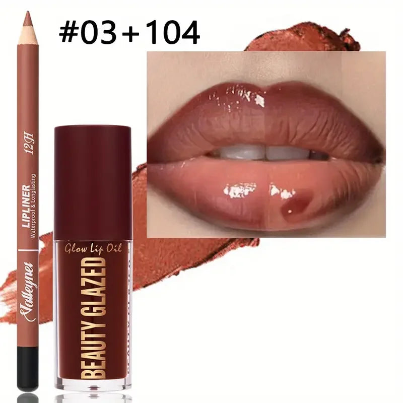 Set de maquillaje de 2 piezas: delineador de labios mate + aceite labial hidratante con color, de larga duración y fácil aplicación, resistente al agua, combinación de maquillaje ini