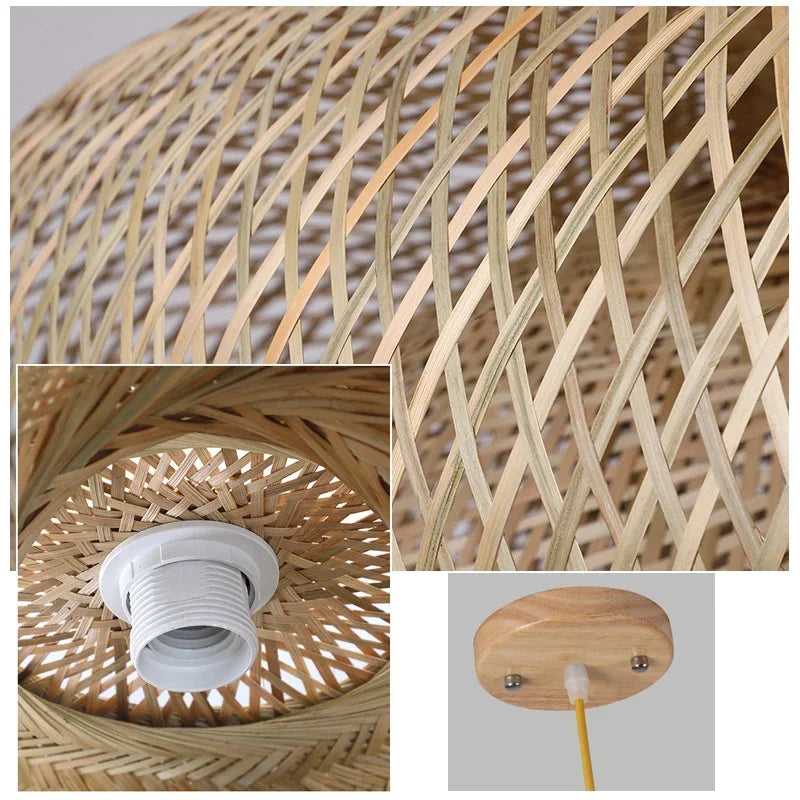 Lámpara colgante de techo de ratán, mimbre, bambú y madera, lámpara de araña colgante tejida a mano, decoración para el hogar, sala de estar y dormitorio.