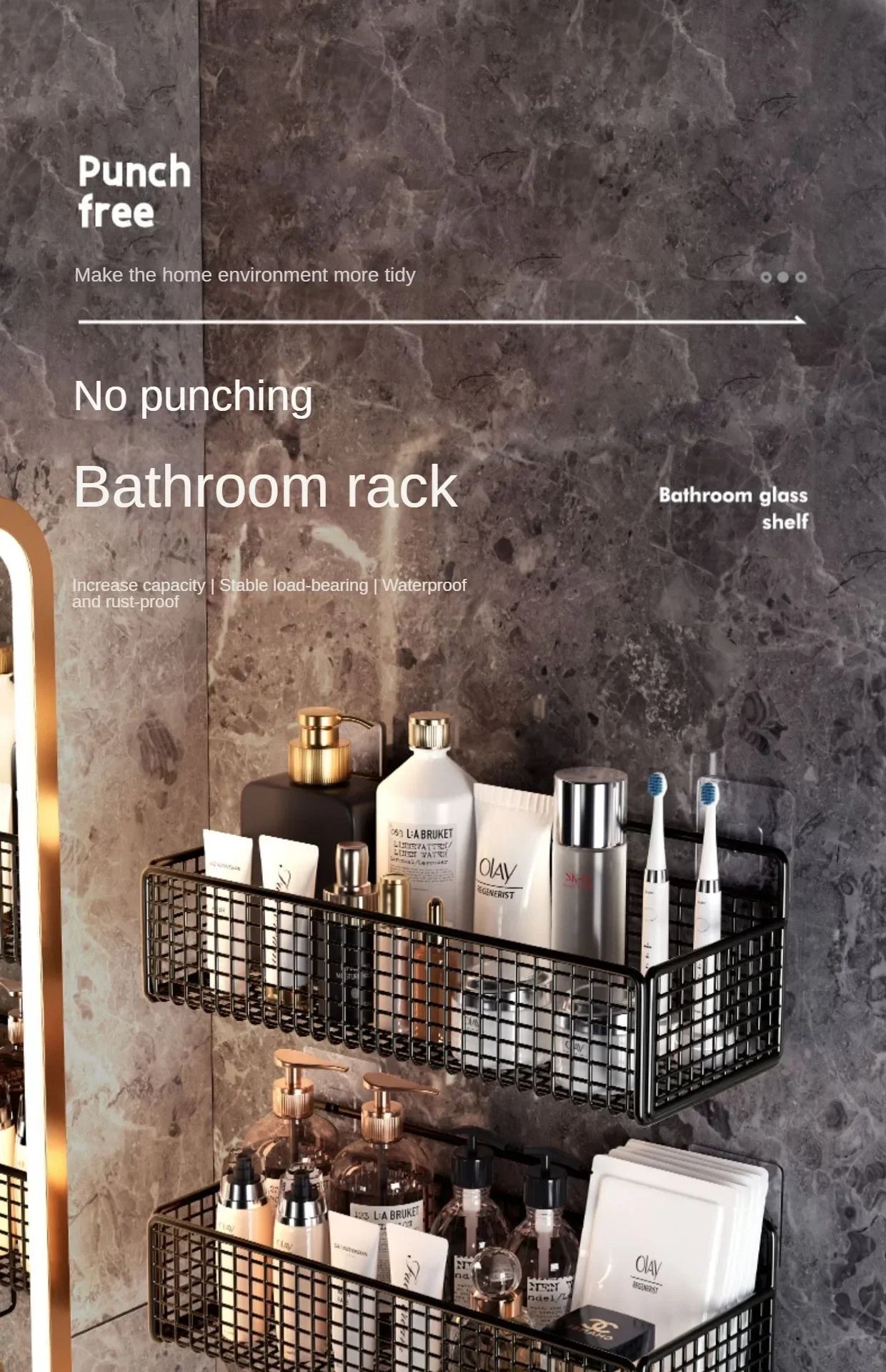 Organizador de baño multifuncional para artículos de aseo, estante de baño sin perforaciones, estante de almacenamiento de pared para baño y cocina.