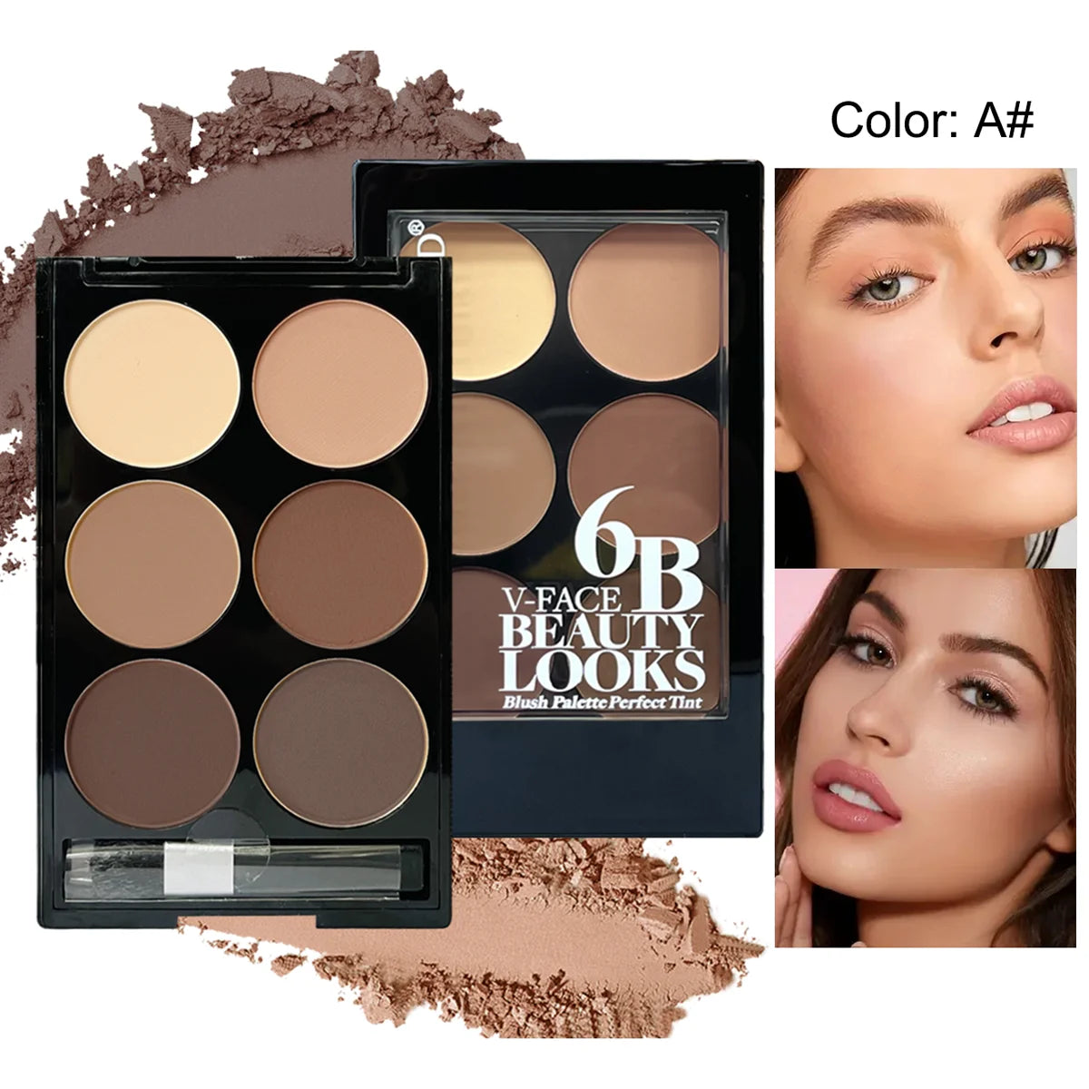 Paleta de polvos iluminadores y contorneadores de 6 colores, paleta de maquillaje en polvo para sombras y contorno facial con brocha, bronceador facial y corrector de color.