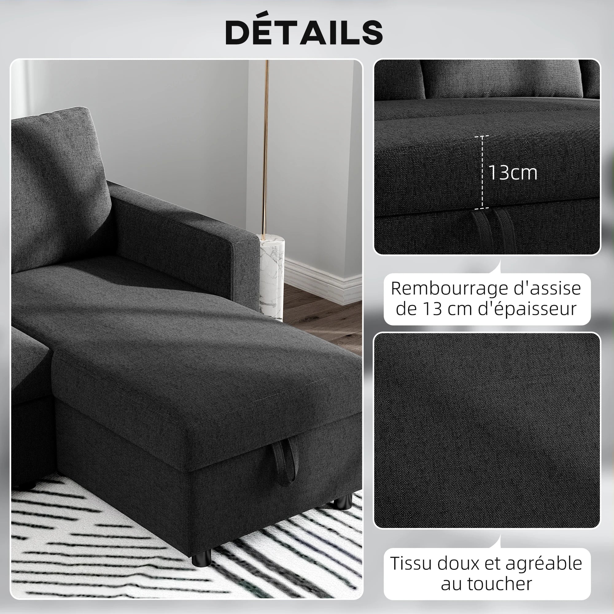 HOMCOM convertible corner sofa sofa 3-seat sofa bed with reversible Meridian