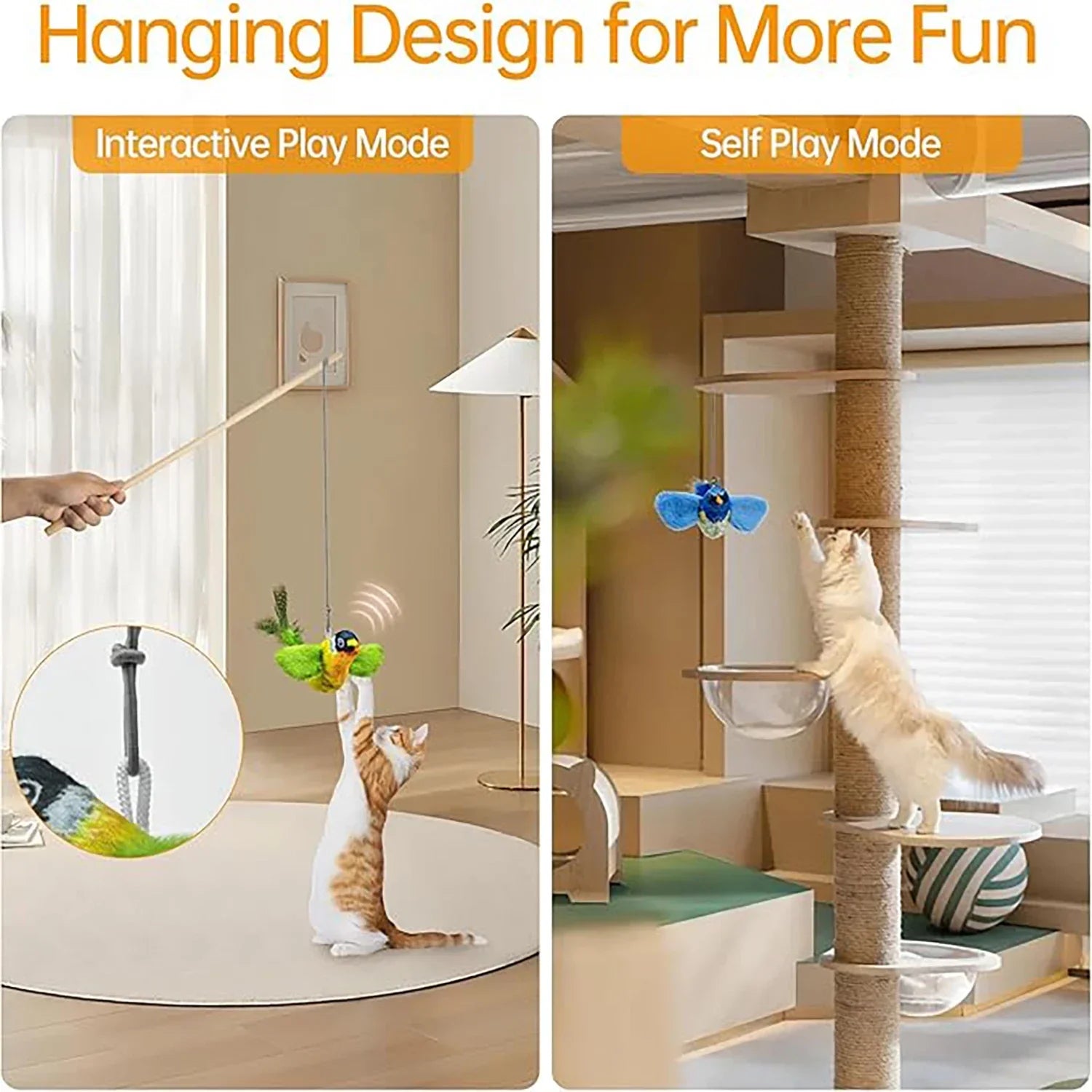 Juguete interactivo de pájaros para interiores para gatos, juguete para perseguir y provocar, juguete con sonido de hierba gatera, juguete divertido para gatos, juguete colgante de pared con forma de pájaros.