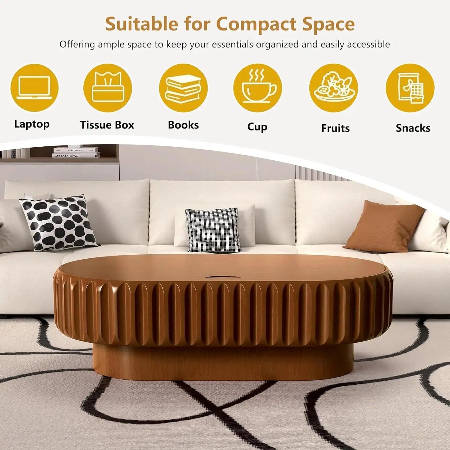 43.3'' Oval Coffee Table with Storage for Living Room, Modern Oval Drum Fluted Coffee Table with Wood Veneered, Customized