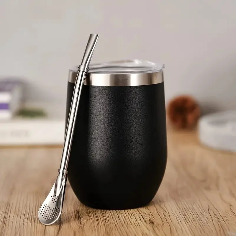 Juego de tazas para mate: vaso térmico de acero inoxidable con tapa y pajita, taza de mate de doble pared con cuchara para bebidas frías y calientes.