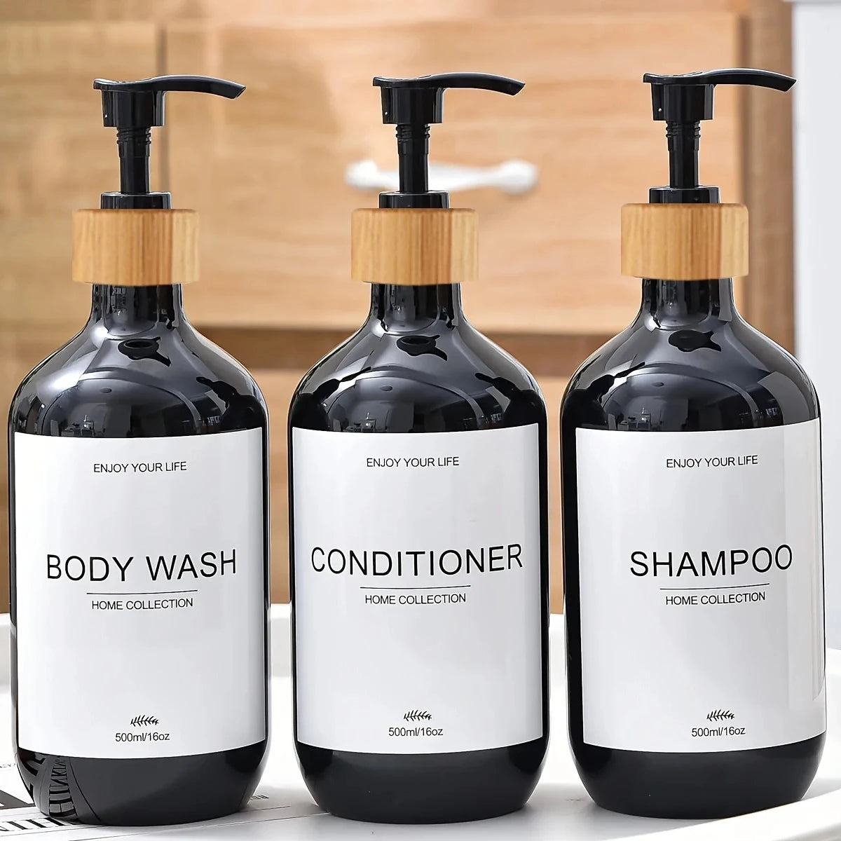 Juego de dispensadores de champú para baño de 500 ml, botellas de acondicionador y gel de ducha recargables, dispensador con decoración rústica, botellas de almacenamiento.