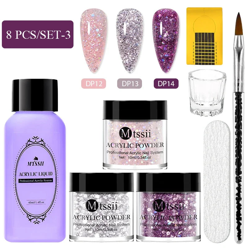 Juego de 8 piezas de sistema de uñas acrílicas en polvo MTSSII, color rosa nude transparente, monómero líquido con pincel para extensiones de uñas y tallado de flores.