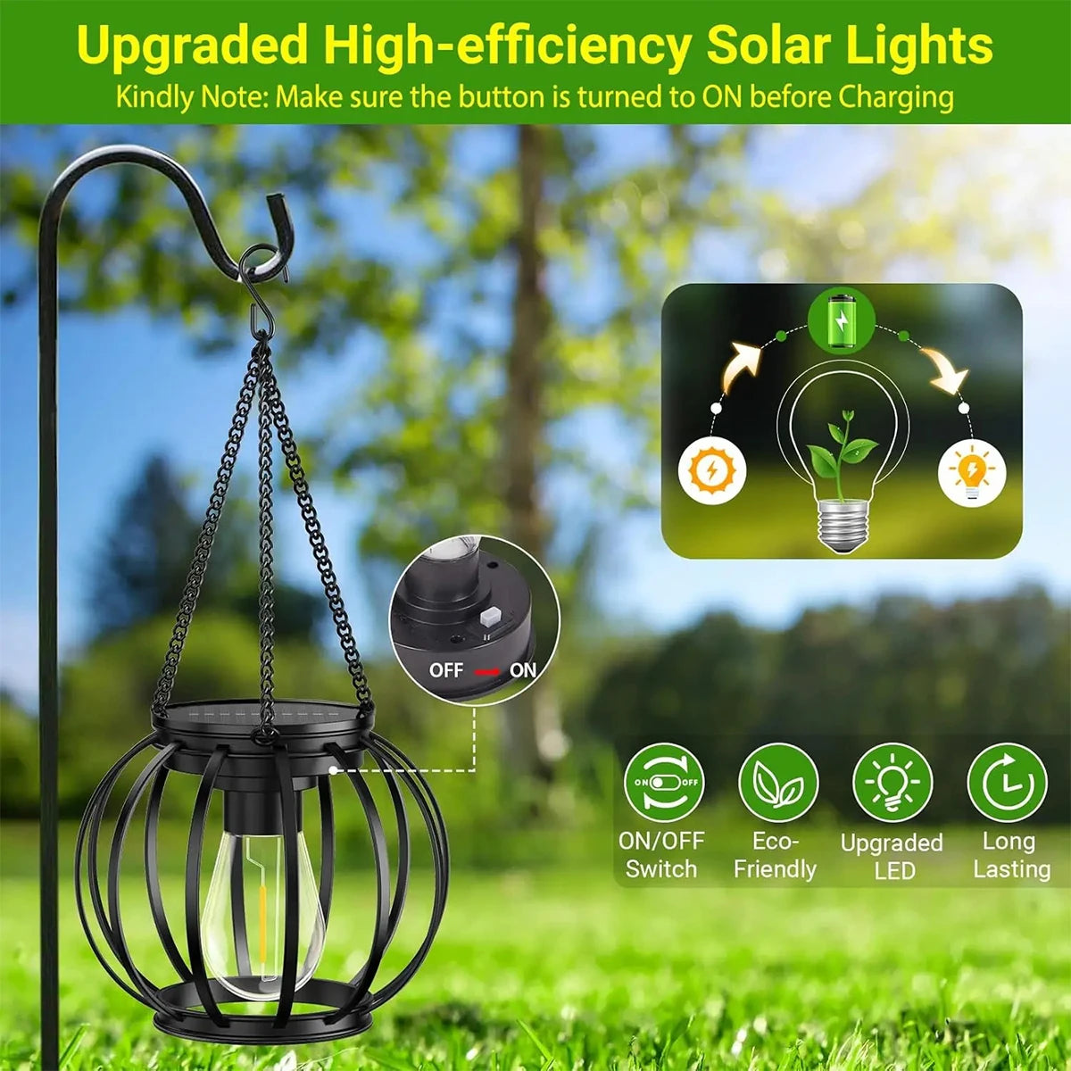 Linterna solar exterior impermeable con luz LED, lámparas de jardín de 3000k con sensor de luz diurna y cadena duradera para exteriores. Carcasa metálica hueca.