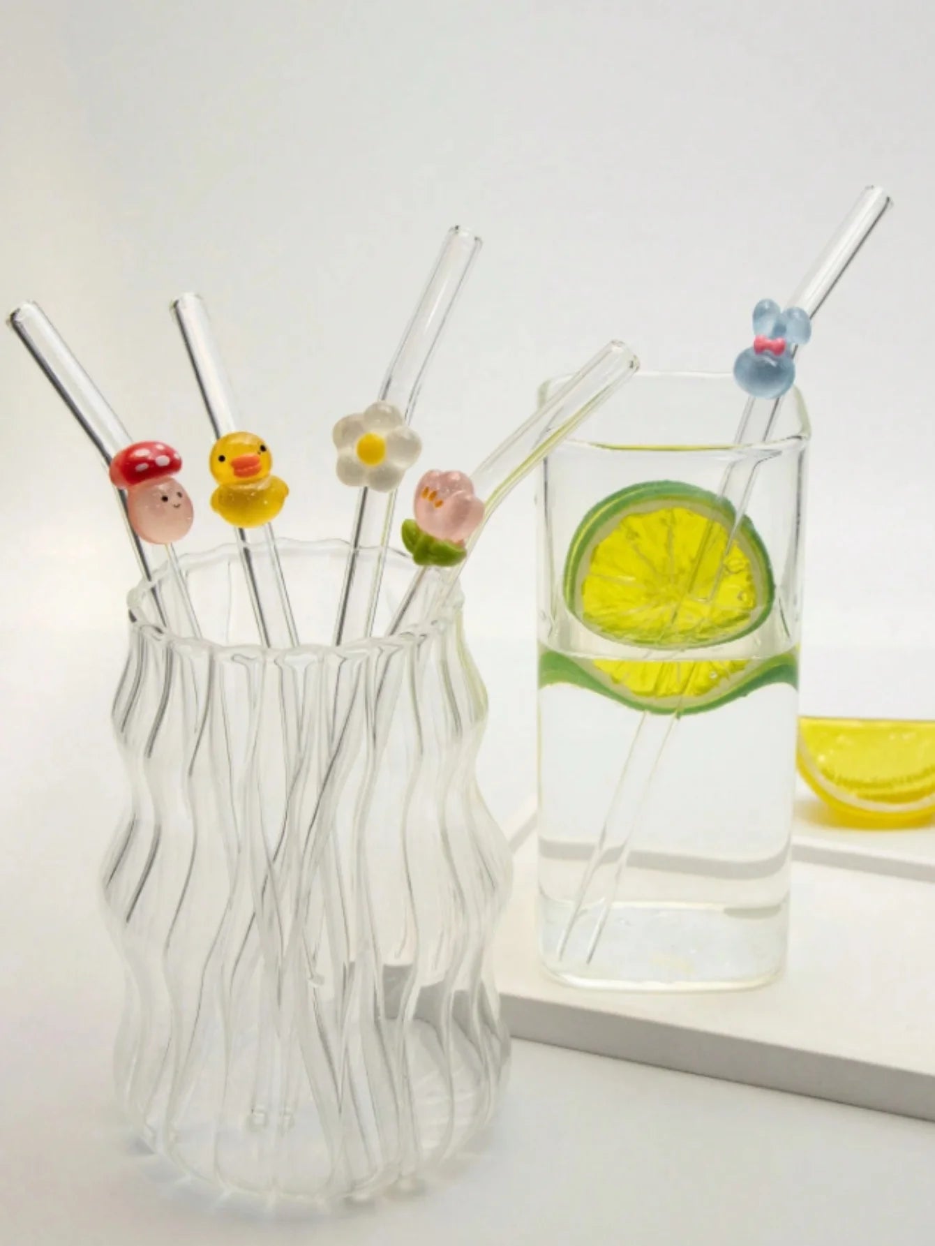 1/5 Pajitas de cristal con diseños de animales: seta, conejo y pato. Ideales para té de burbujas, café y cócteles. Un regalo perfecto para fiestas y ocasiones especiales.