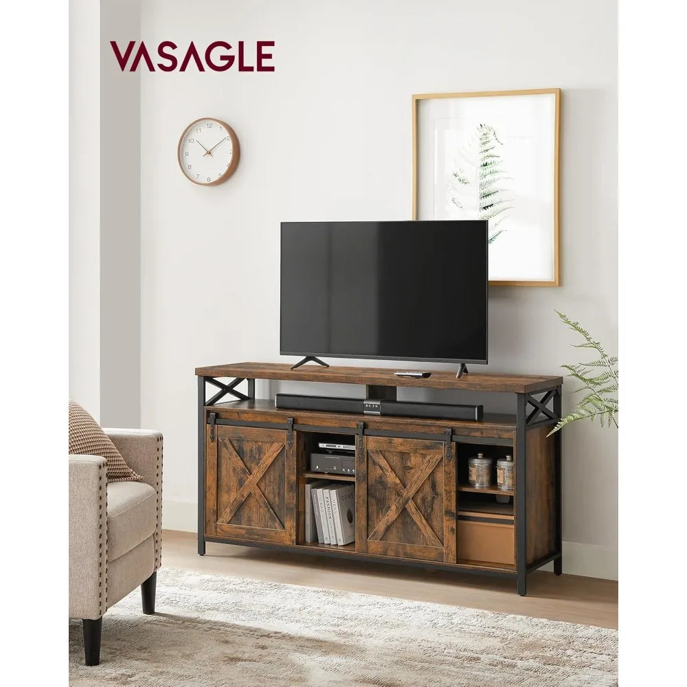 Mueble para TV de 65 pulgadas con soporte para TV con estantes ajustables, puertas corredizas estilo granja y marco.