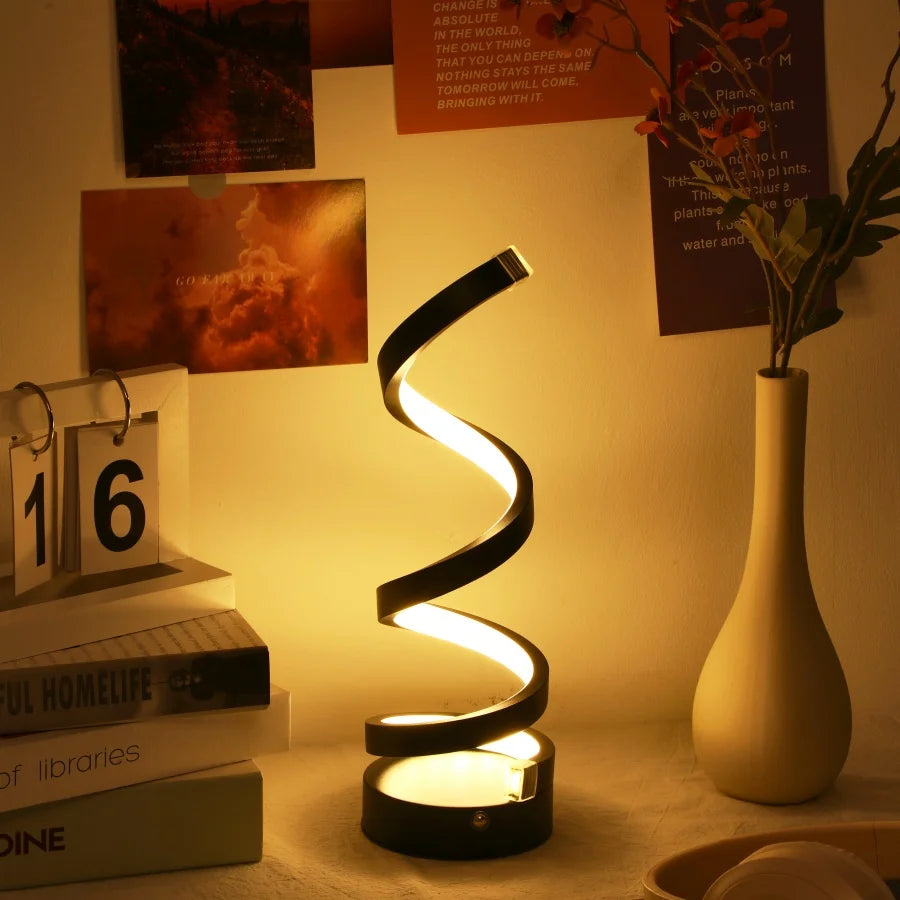 Lámpara de escritorio espiral moderna de lujo en blanco y negro con carga fácil, control táctil de 3 colores y 10 niveles de atenuación para hoteles.
