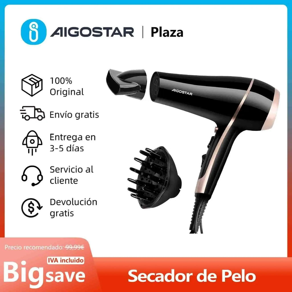 Secador de pelo profesional, iones negativos, 2 velocidades, 3 niveles de temperatura + aire frío, difusor y concentrador, 2400 W.