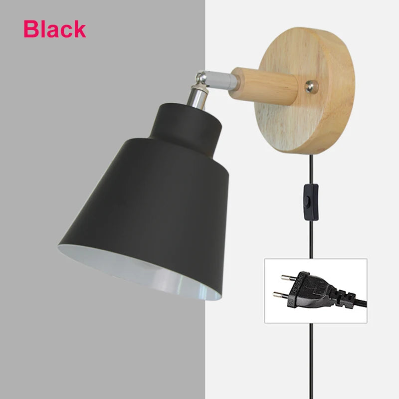 Aplique de pared nórdico para interiores, bricolaje, E27, madera, 6 colores, enchufe EU/UL, 350°, lámparas de pared para sala de estar, dormitorio, pasillo, apliques.