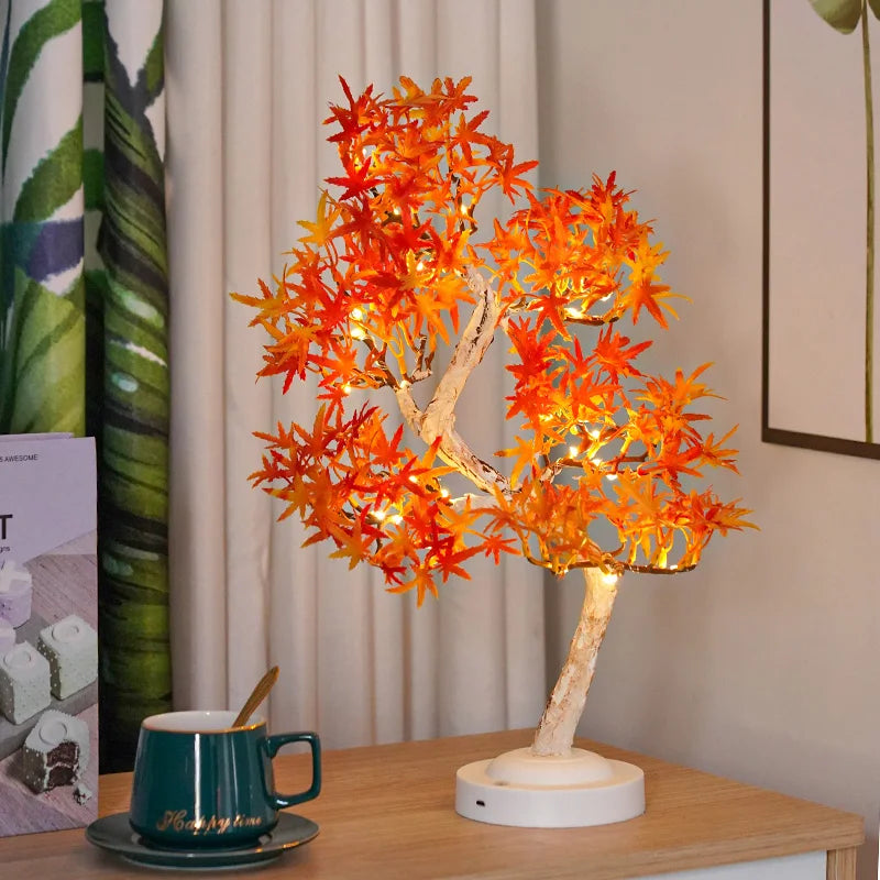 Lámpara de mesa con forma de árbol bonsái artificial, lámpara de hadas con forma de hojas de arce, luz nocturna LED que funciona con pilas/USB, ideal para decoración de camping.